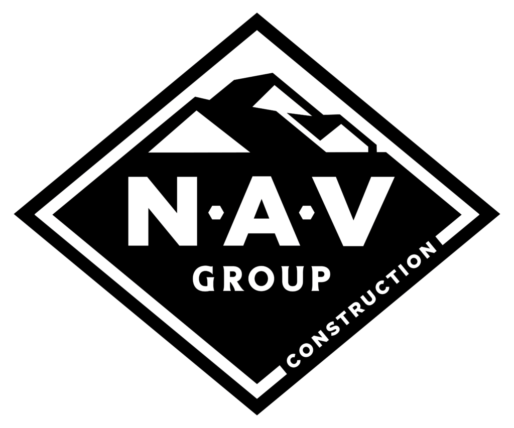A black and white logo of nav group construction.